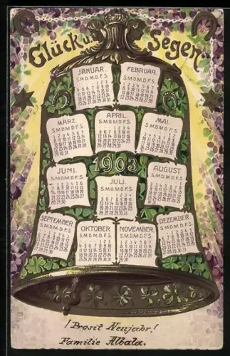 Lithographie Glück u. Segen, Kalender, Glocke
