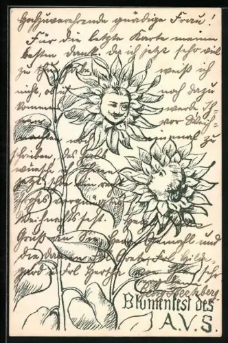 Künstler-AK Sonnenblumen-Blüten mit menschlichen Gesichtern, Metamorphose