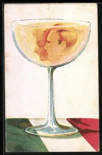 AK Zwei menschliche Gesichter in einem Weinglas, italienische Fahne, Metamorphose