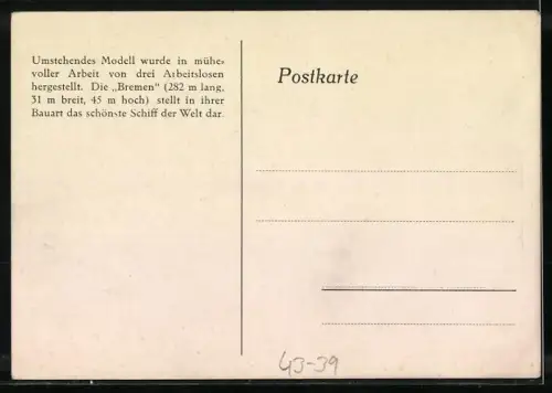 AK Modell des Turbinen-Schnelldampfers Bremen, hergestellt von drei Arbeitslosen