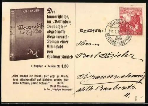 AK Werbung für den Gegenwarts-Roman Morgenluft in Schilda, Völkischer Beobachter