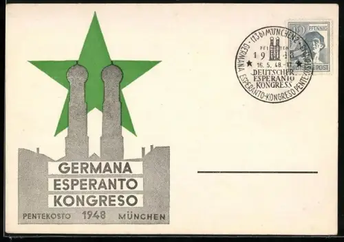 AK München, Germana Esperanto Kongreso 1948, Frauenkirche und grüner Stern