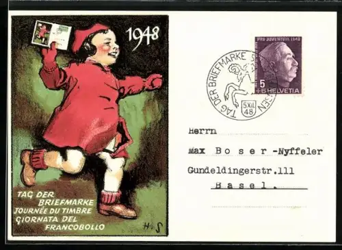 Künstler-AK Schaffhausen, Tag der Briefmarke 1948, Verband Schweizerischer Philatelisten-Vereine