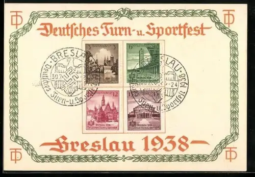 AK Breslau, Deutsches Turn- und Sportfest 1938, Briefmarken mit Motiven vom Sportfest