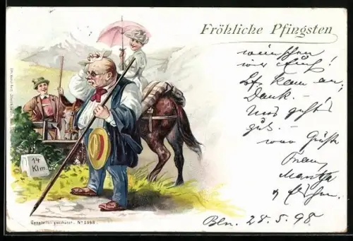 AK Mann erschöpft vom Wandern, Frau sitzt lachend auf einem Pferd