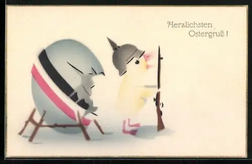 Künstler-AK Küken mit Pickelhaube und Gewehr aus dem Ei geschlüpft