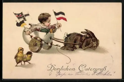 AK Osterhase als Zugpferd, Kind mit Reichskriegsflagge und Fahnen des Zweibunds