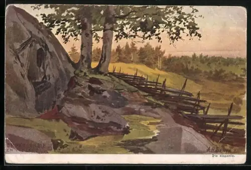 Künstler-AK Landschaft in Finnland, Rotes Kreuz