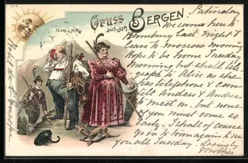 Lithographie Beleibter Herr und Dame beim Bergsteigen