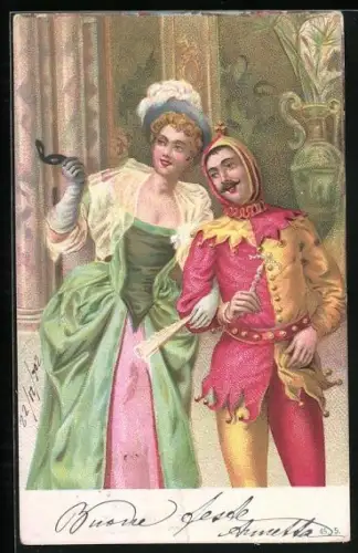 Lithographie Narr mit einer Dame in edlem Kleid