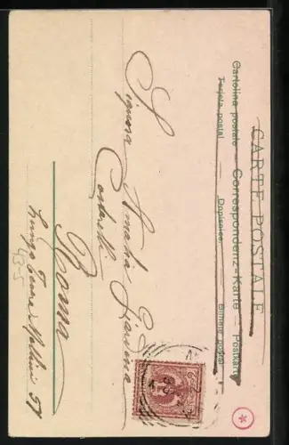 Lithographie Narr mit einer Dame in edlem Kleid