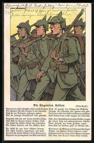 Künstler-AK Singende Soldaten marschieren, Gedicht Die singenden Helden von Otto Ernst
