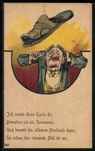 Lithographie Trauriger Mann mit einem alten Schuh, früher Druck