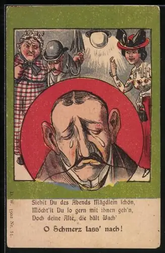 Lithographie Ehefrau zieht ihren Mann von einer jungen Frau weg, früher Druck