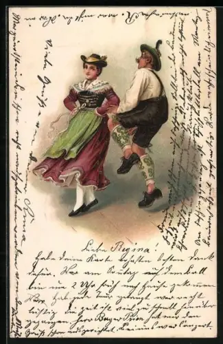 Lithographie Tanzendes Paar in Trachten