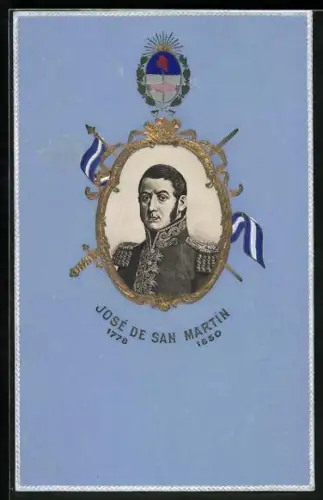 Präge-AK José de San Martin in einem Rahmen mit argentinischer Flagge