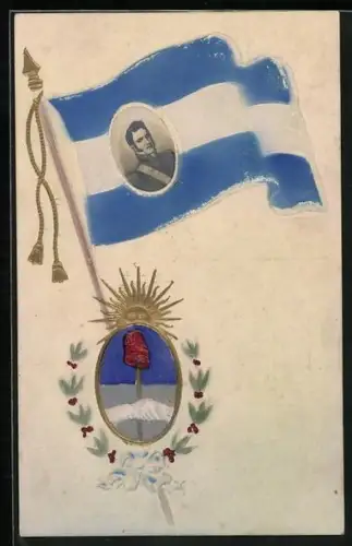Präge-AK José de San Martin auf der argentinischen Flagge