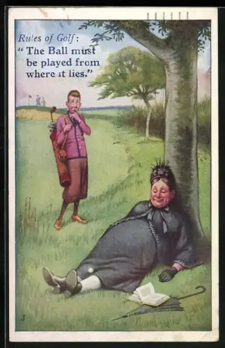 Künstler-AK Junge sieht seinen Golfball auf dem Rock einer Frau