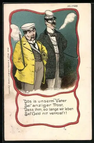 Lithographie Zwei rauchende Studenten, Dös is unserm Vater sei anziger Trost...