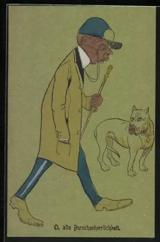 Lithographie Student mit einem Hund, O, alte Burschenherrlichtkeit