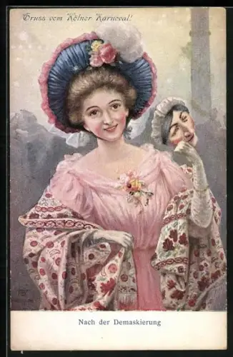 AK Gruss vom Maskenball, Junge Frau nach der Demaskierung
