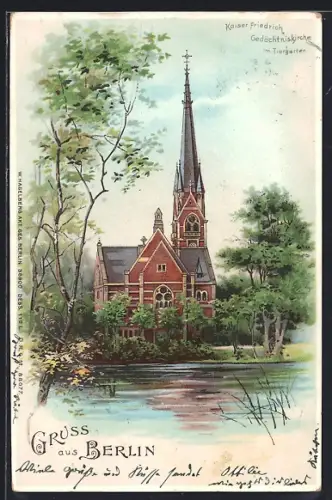 Lithographie Berlin, Kaiser Friedrich-Gedächtniskirche im Grossen Tiergarten, erleuchtete Fenster