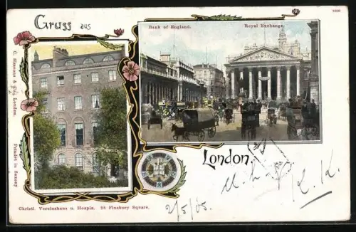 Lithographie Greater London, Bank of England, Christliches Vereinshaus und Hospiz, 28 Finsbury Square, Royal Exchange