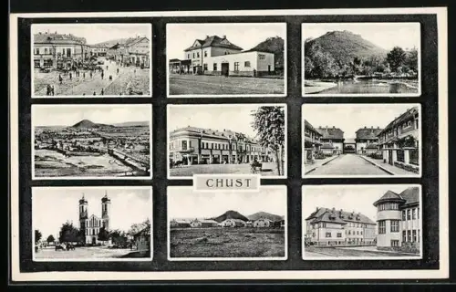 AK Huszt, Panorama, verschiedene Ortsansichten und Gebäudeansichten