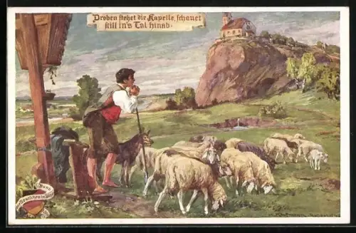 Künstler-AK Hans Kaufmann: Schäfer mit Schäferhund u. Schafherde blickt zur Kapelle hinauf