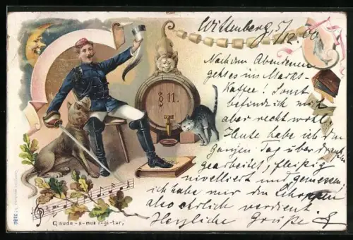 Lithographie Student mit Degen u. Füllhorn, Hund, Fass, Katzen, §11