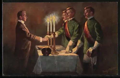 Künstler-AK Georg Mühlberg: Reception im Corps, studentische Szene