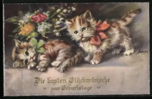 AK Zwei junge getigerte Katzen mit Schleifen, Geburtstagsgruss