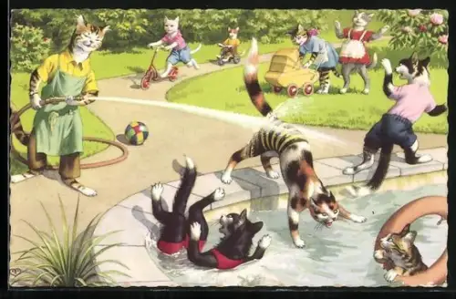 AK Katzen am Schwimmbecken, vermenschlichte Tiere