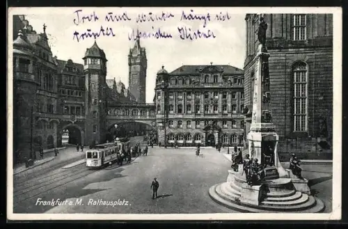 AK Frankfurt a. M., Strassenbahn auf dem Rathausplatz