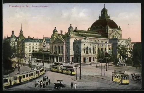 AK Frankfurt a. M., Strassenbahnen vor dem Schauspielhaus