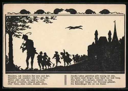 AK Schattenbild, Kinder laufen dem Rattenfänger nach