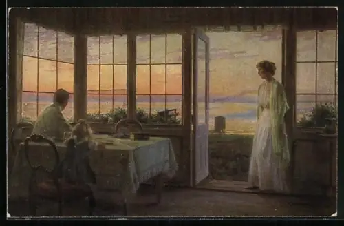 Künstler-AK sign. C. Wentorf: Sommerabend, Familie bei Sonnenuntergang