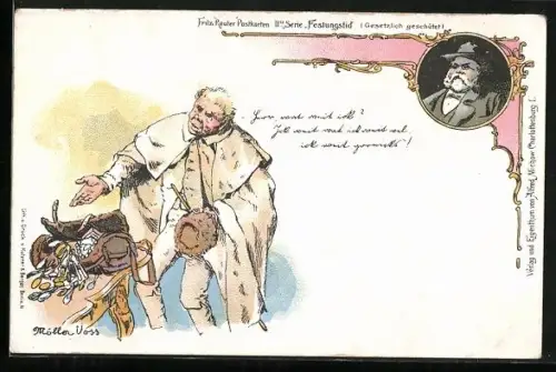 Lithographie Müller Voss vor einer Tasche mit Schmuck und Besteck, Fritz Reuter