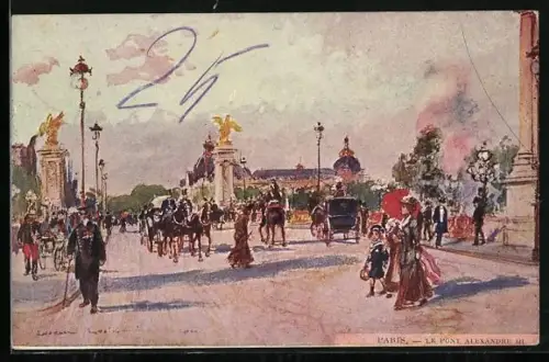 Künstler-AK Georges Stein: Paris, Le Pont Alexandre III., Strassenpartie mit Droschken u. Soldaten