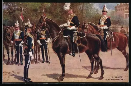Künstler-AK Harry Payne: 17th Lancers, telling off for Road Duty, Ulanen