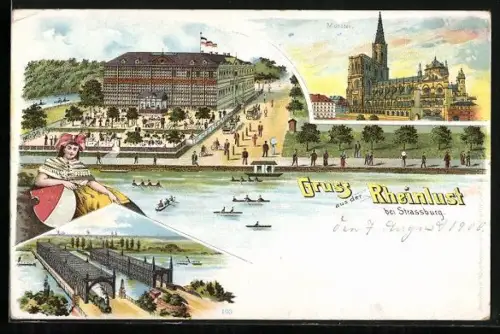Lithographie Strassburg, Restaurant Rheinlust, Münster, Brücke mit Eisenbahn