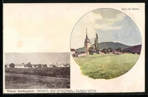 AK Soos bei Baden, Blick zur Kirche, Ortsansicht aus der Vogelschau