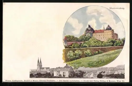 Künstler-AK Klosterneuburg, Totalansicht mit Kloster