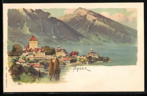 Lithographie Spiez, Blick auf den Ort