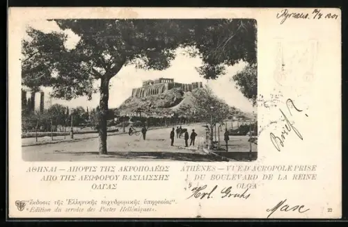 AK Athènes, Vue d`Acropole prise du Boulevard de la Reine Olga