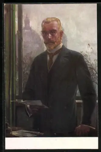 AK Reichskanzler von Bethmann Hollweg steht am Schreibtisch