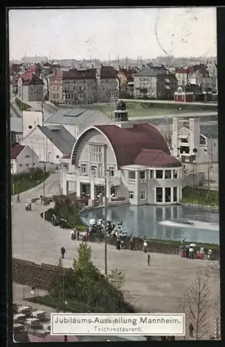 AK Mannheim, Jubiläums-Ausstellung 1907, Teichrestaurant mit Leuten