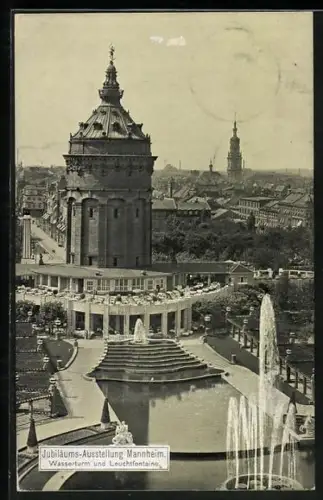 AK Mannheim, Jubiläums-Ausstellung 1907, Blick auf Wasserturm und Leuchtfontäne