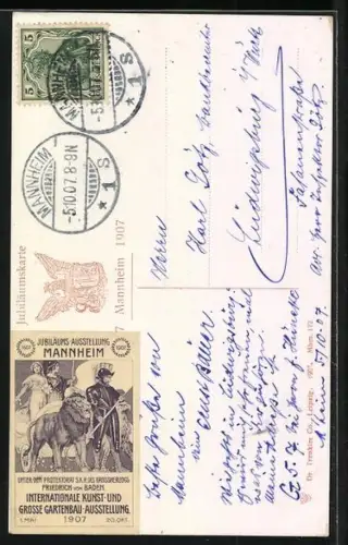 AK Mannheim, Jubiläums-Ausstellung 1907, Blick auf Wasserturm und Leuchtfontäne