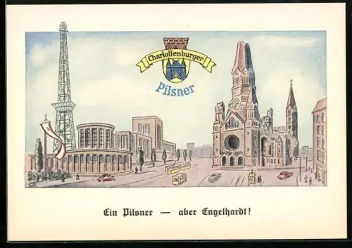 AK Berlin-Charlottenburg, Funkturm, Brauerei-Werbung, Charlottenburger Pilsner Engelhardt